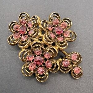 Vintage Purple Crystal Flower Brooch Antique Gold Tone 2.5" Floral Retro